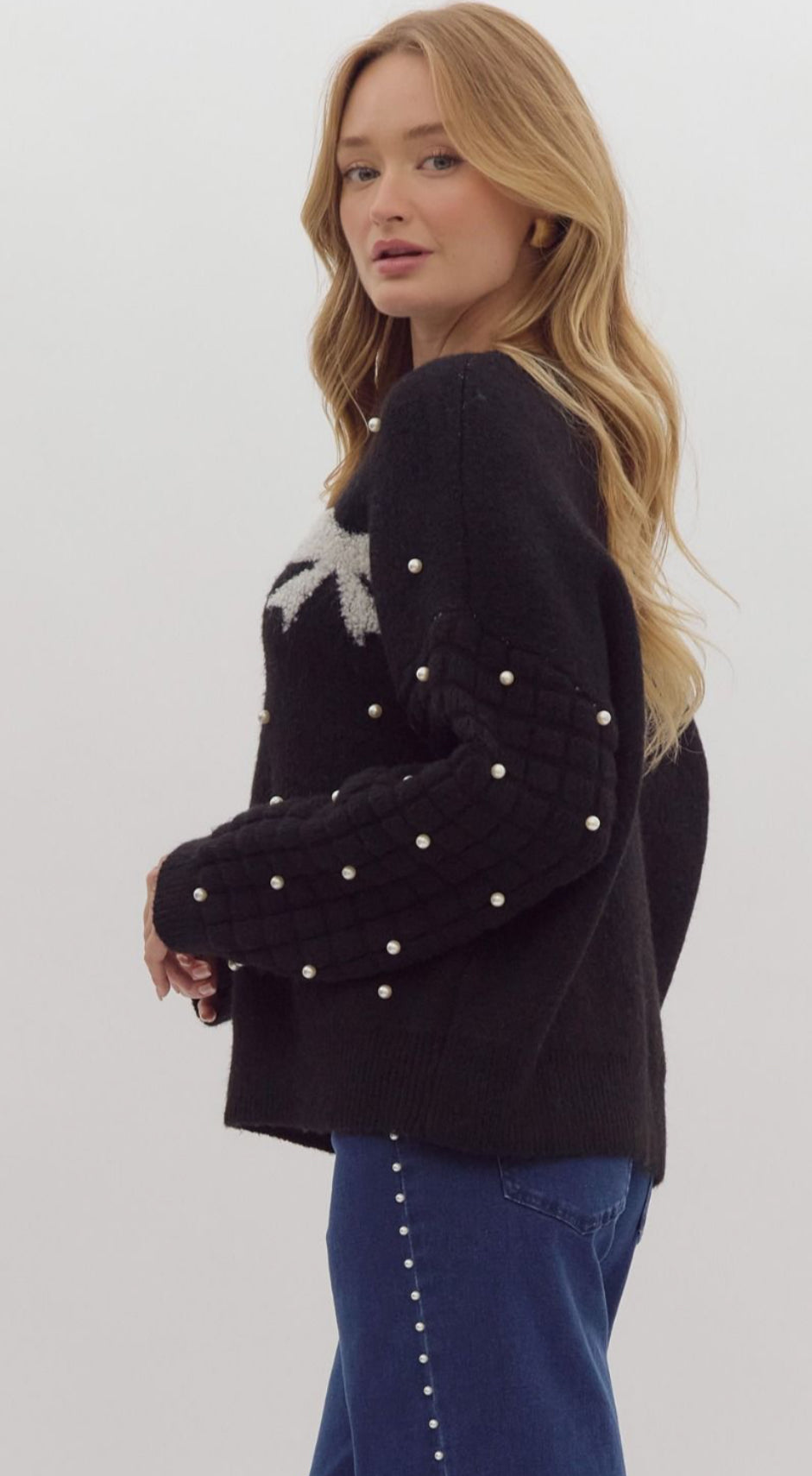 Black Round Neck Knit Sweater with Pearl and White Bow Details