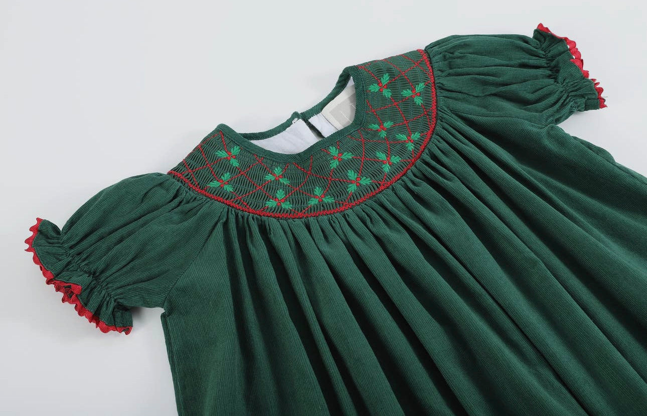 Green Christmas Mistletoe Smocked Bishop Dress