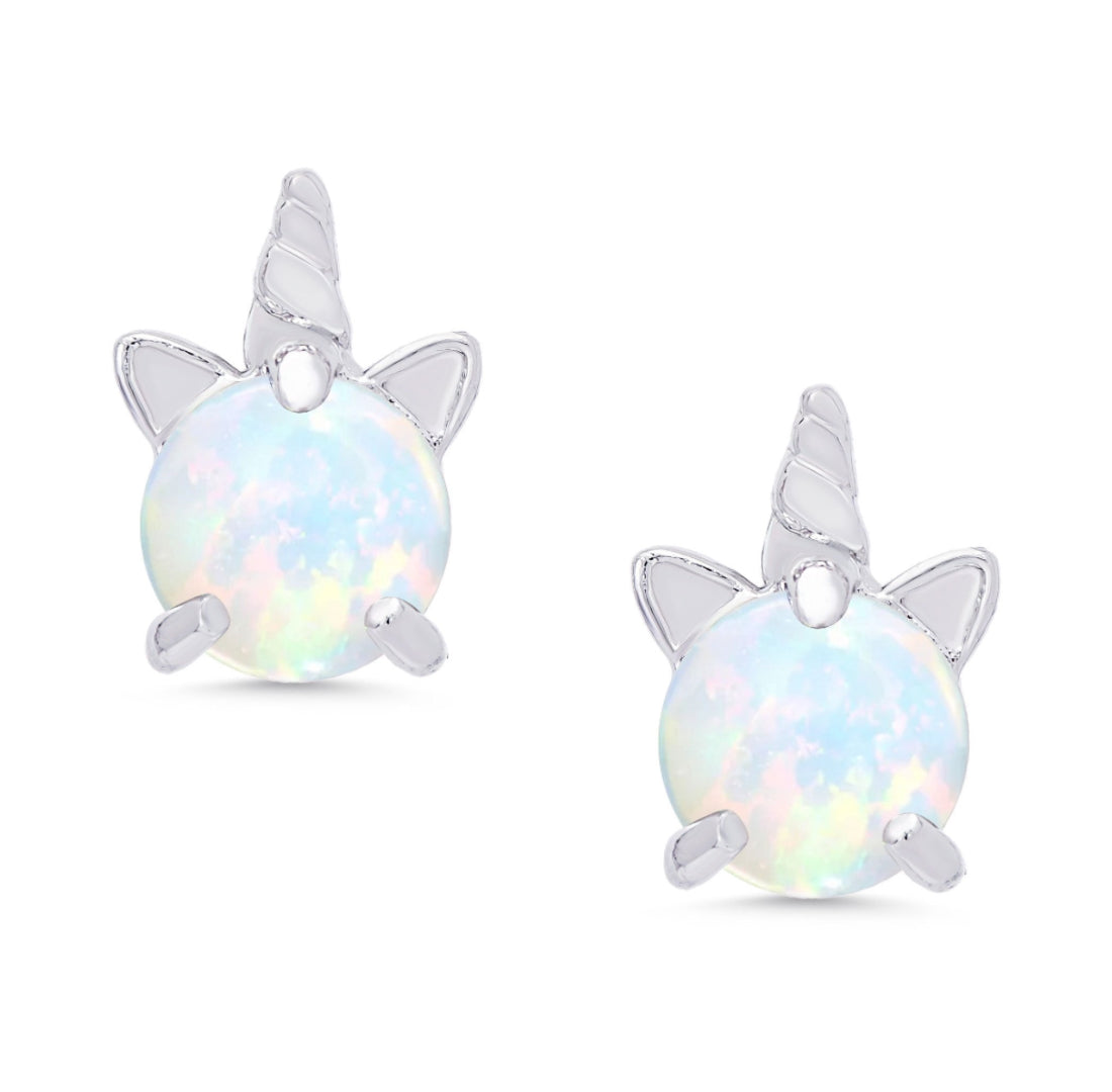 Lab Created Opal Unicorn Stud Earrings in Sterling Silver