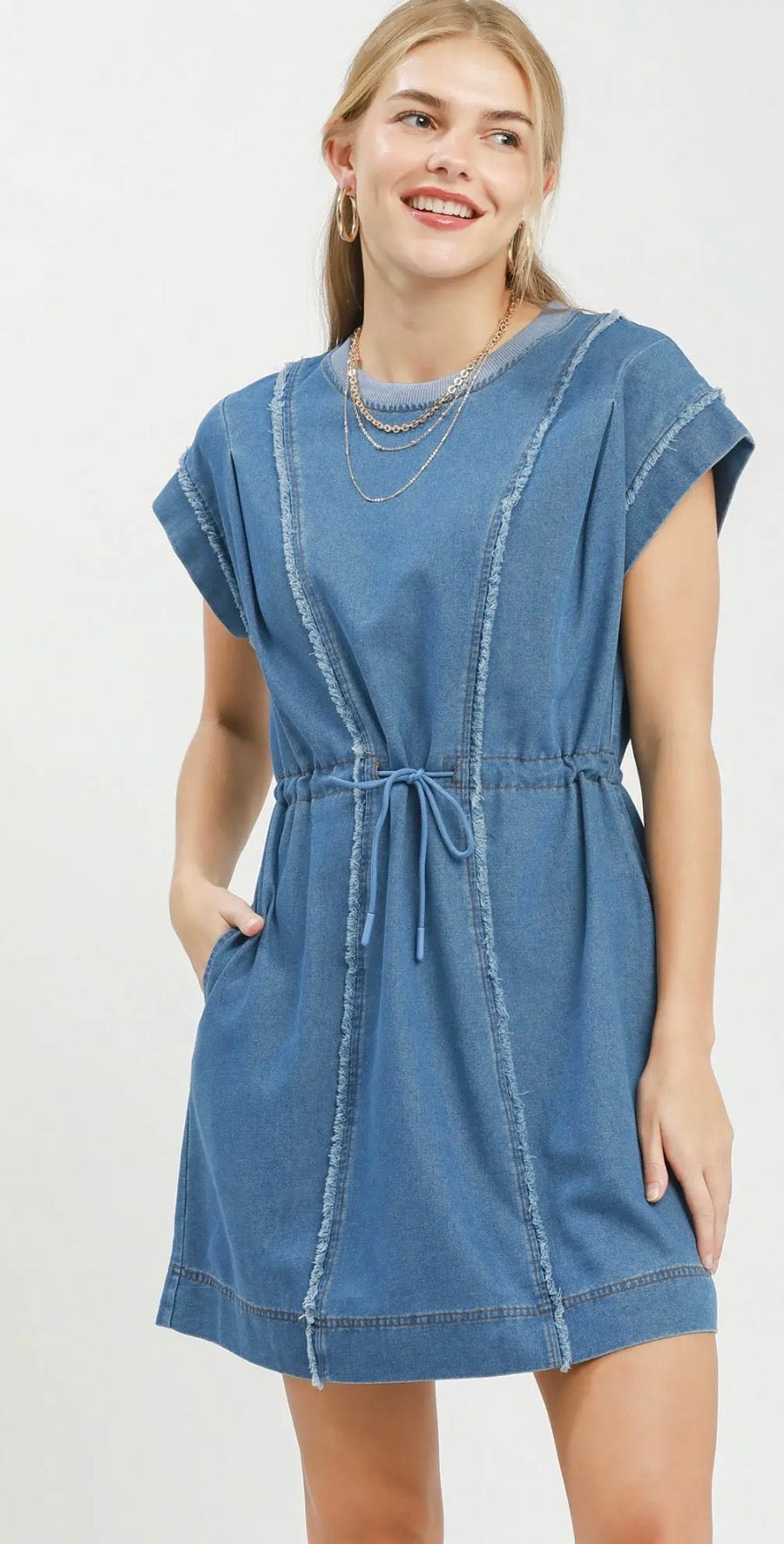 Lt. Denim- Drawstring Waist Frayed Denim Mini Dress