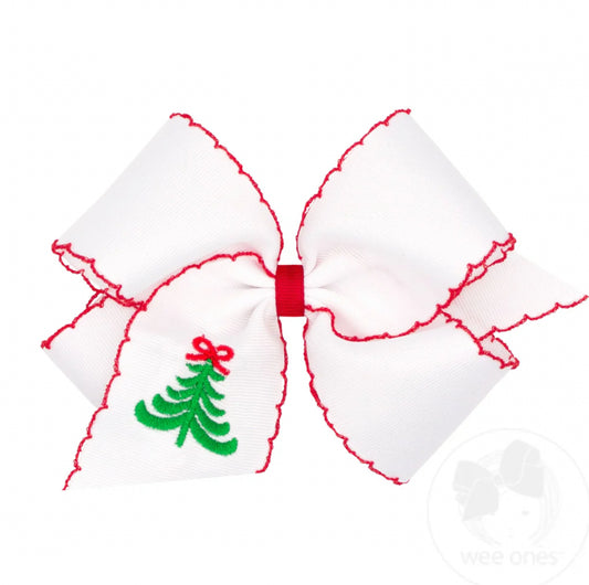 King Grosgrain Hair Bow with Moonstitch Edge and Christmas Tree Embroidery