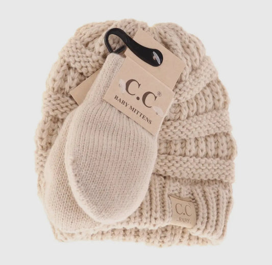 Baby Solid CC Beanie with Mitten Set- Beige