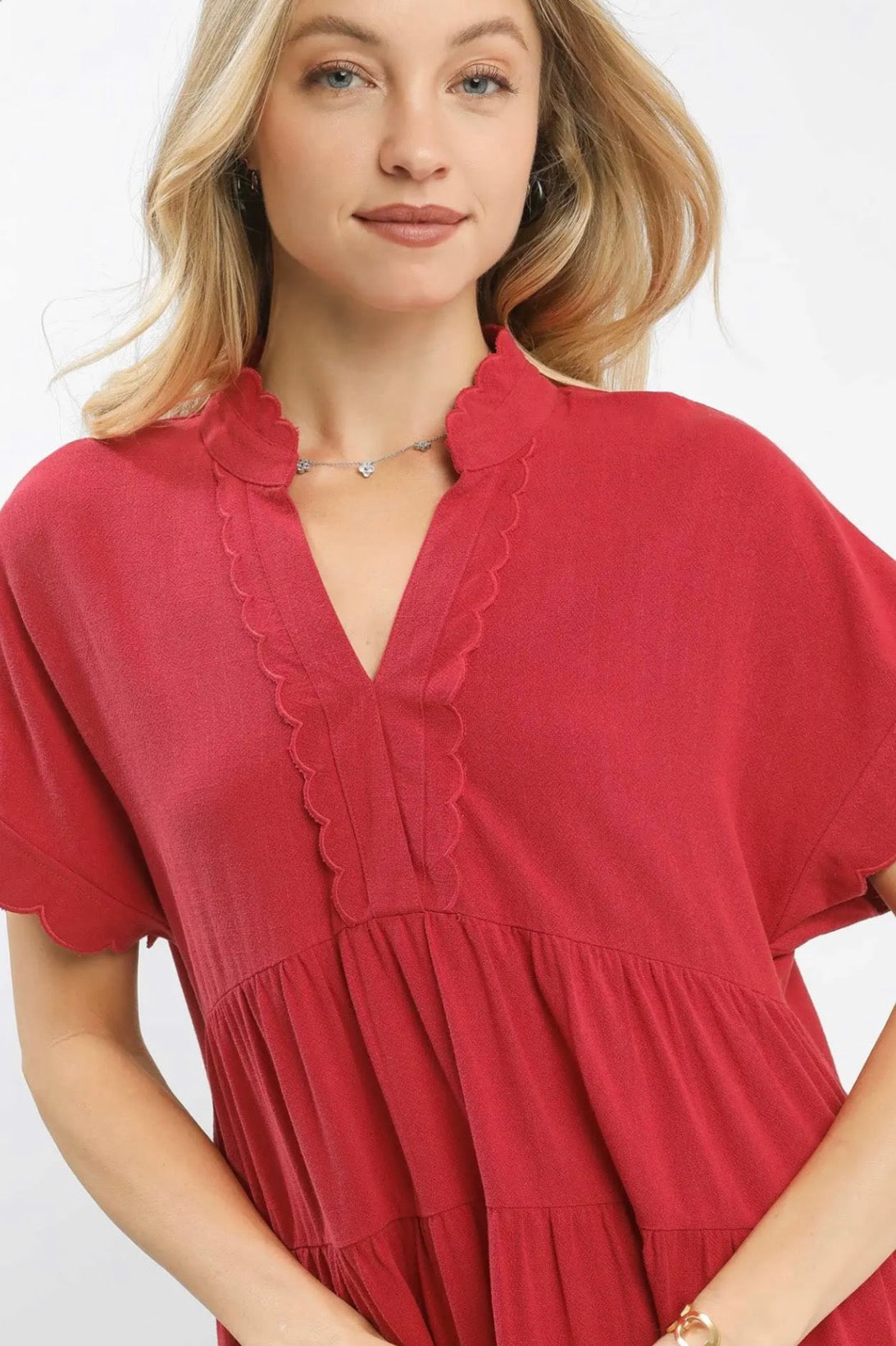 Raspberry - Linen Mini Dress with Scallop Trim