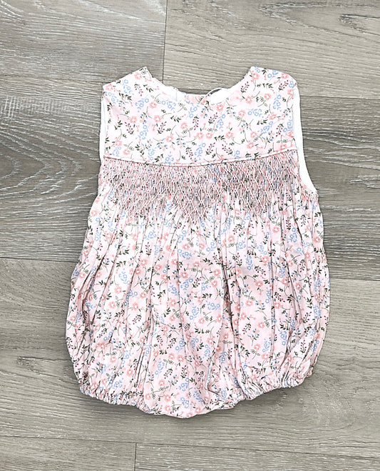 Pink Floral Smocked Sleeveless Bubble (Ties in the back)