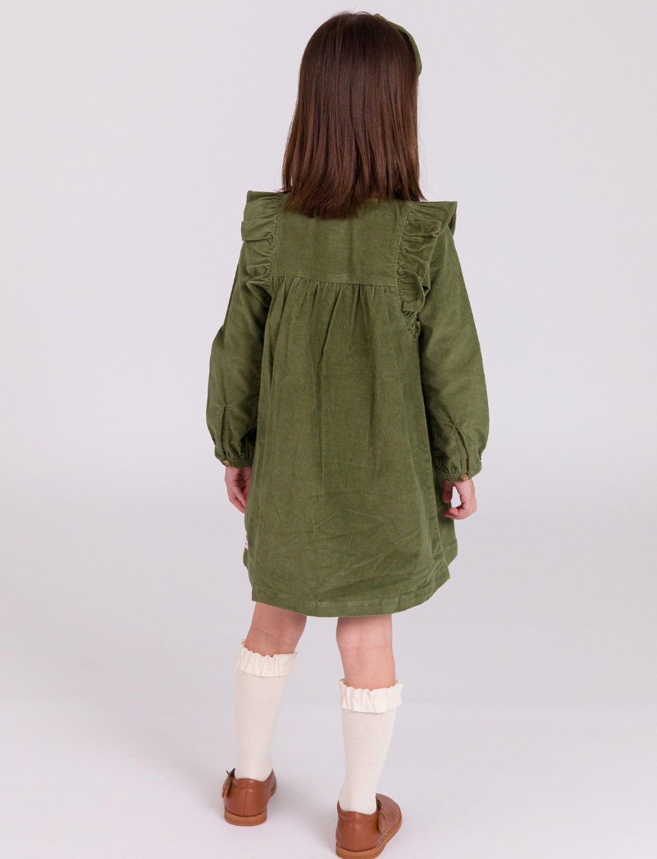 Stretch Corduroy Ruffle Detail Dress- Dusty Olive