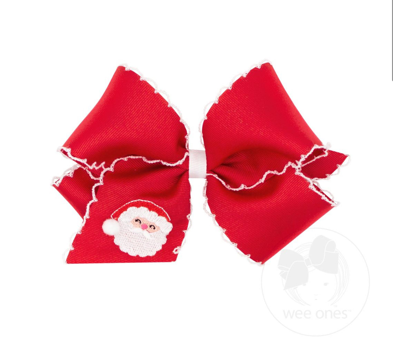 Medium Grosgrain Hair bow with Moonstitch Edge and Santa Claus Man Holiday-themed Embroidery