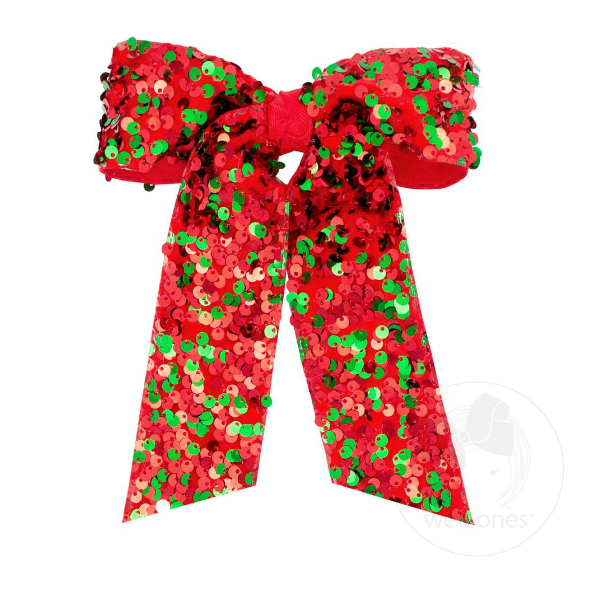 King Red and Green Velvet Sequin Two-loop Hair Bow with Long Front Tails and Knot Wrap