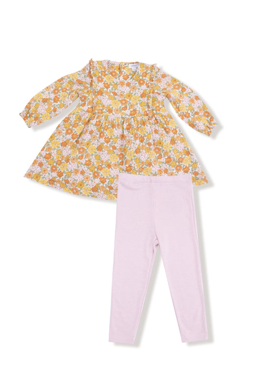 Sweet Amber Floral- Ruffle L/S Dress, Ribbed Legging