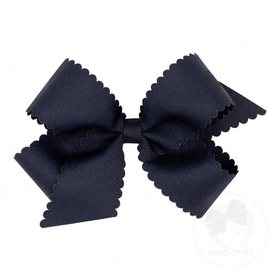 Navy-Medium Grosgrain Hair Bow with Scalloped Edge