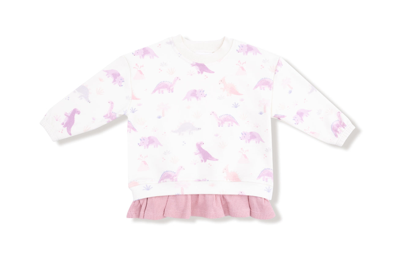 Soft Dinos-French Terry-Purple Pullover Sweatshirt w/Ruffle and Waffle Flare Pants