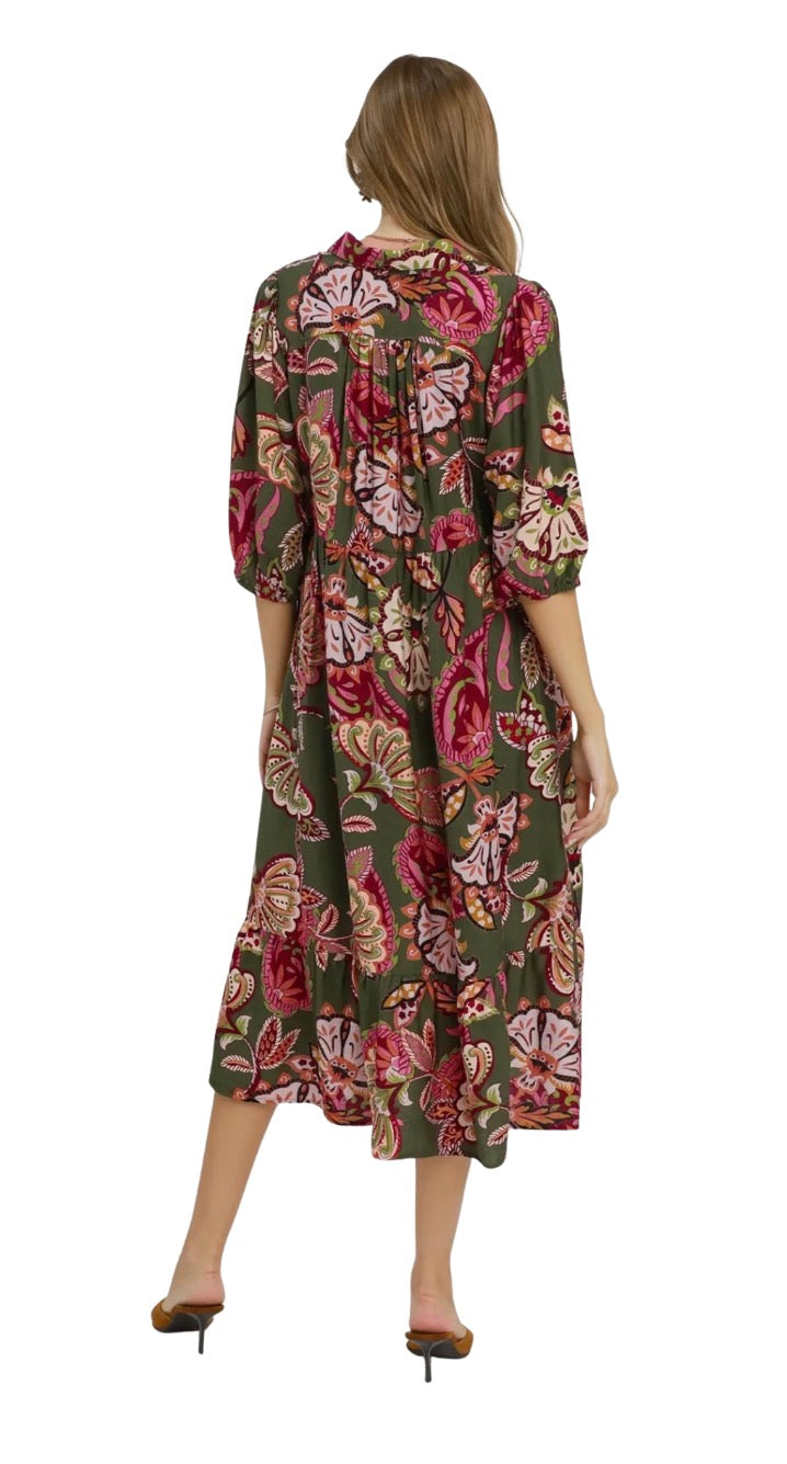 Olive-Boho Paisley Tiered Midi Dress