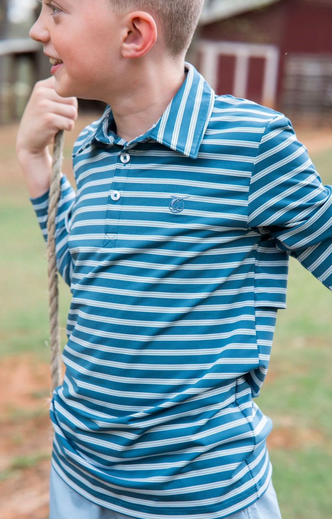 Boys' Long Sleeve Performance Polo in Tapestry Green Stripe