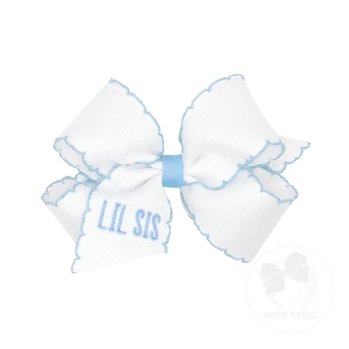 Medium Grosgrain Hair Bow with Millennium Blue Moonstitch Edge and "LIL SIS" Embroidery