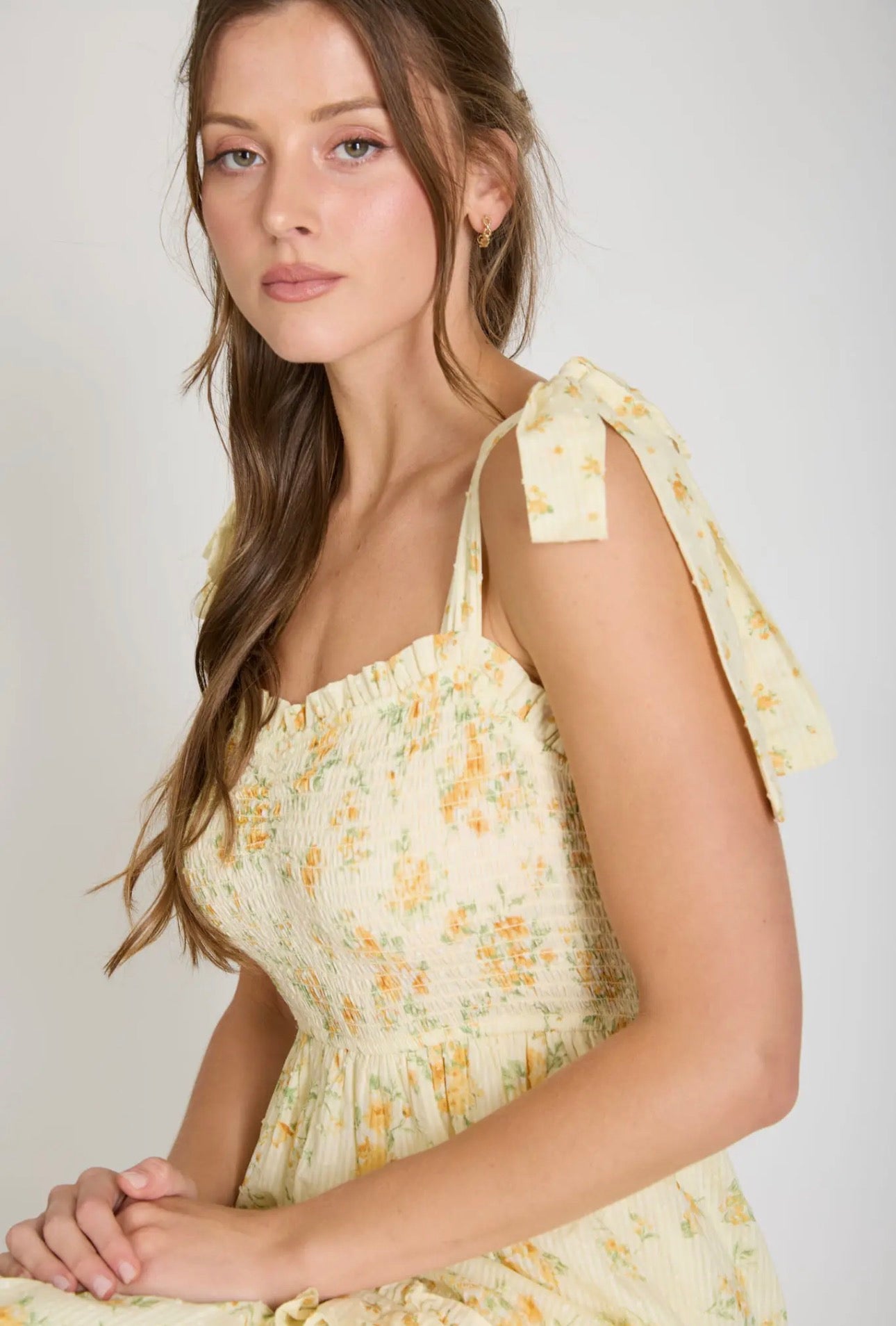 Yellow Multi-Floral Sweetheart Smocked Ruffle Detail Midi Dress