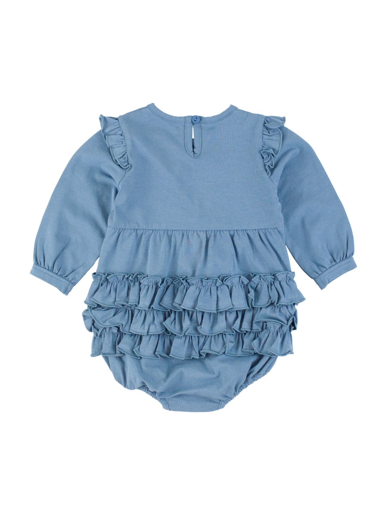 Knit Long Sleeve V-Ruffle Bubble Romper- Countryside Blue