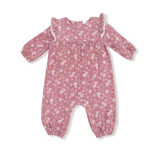 Bandana Floral- Ruffle Sleeve Romper-Dusty Rose