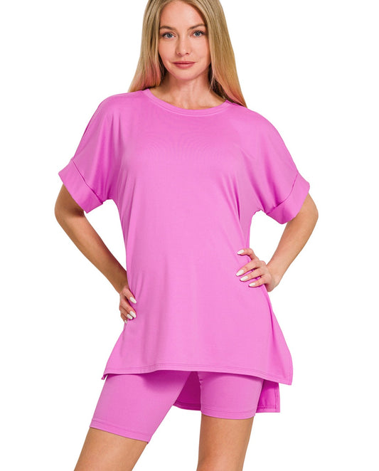 Bright Mauve- BRUSHED DTY MICROFIBER R-NECK TOP & BIKER SHORTS