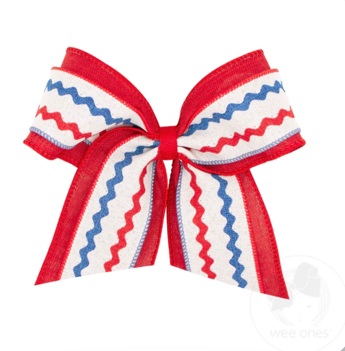 King Red Linen Ric-Rac with Linen Underlay Cheer Bow 6.25” x 5”