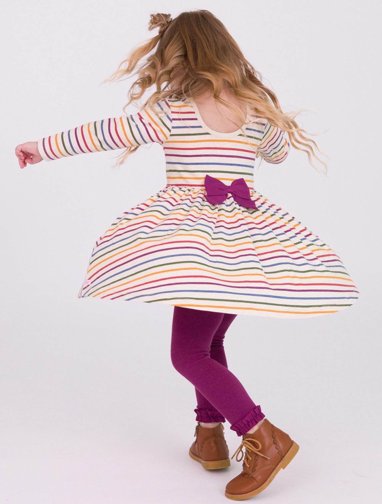 Knit Long Sleeve Twirl Dress-Countryside Rainbow Stripe