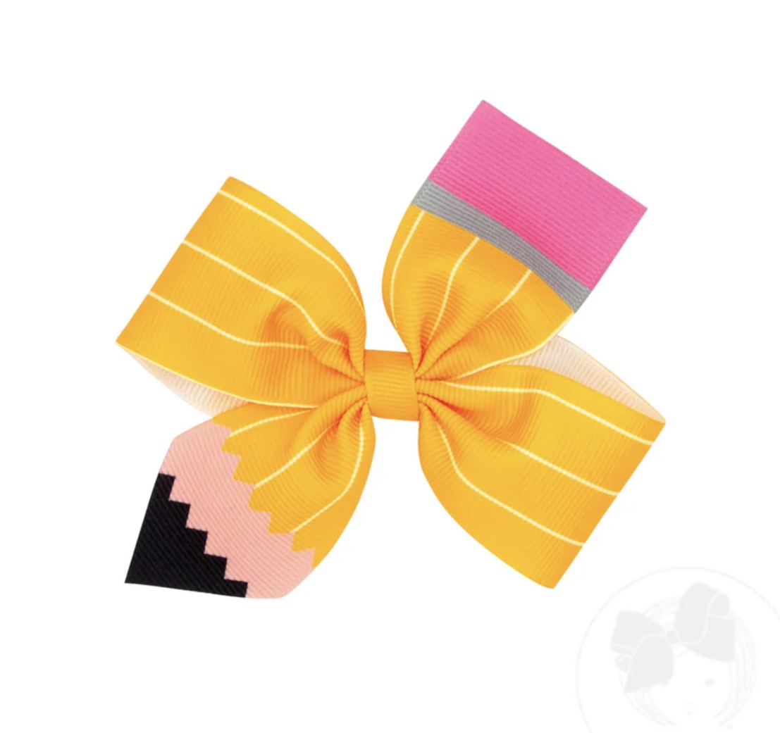 Pencil-Medium Pencil Print Grosgrain 2-Loop Hair Bow