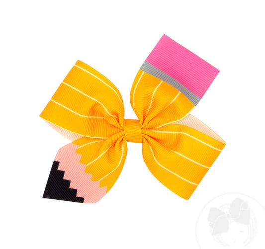 Pencil-Medium Pencil Print Grosgrain 2-Loop Hair Bow