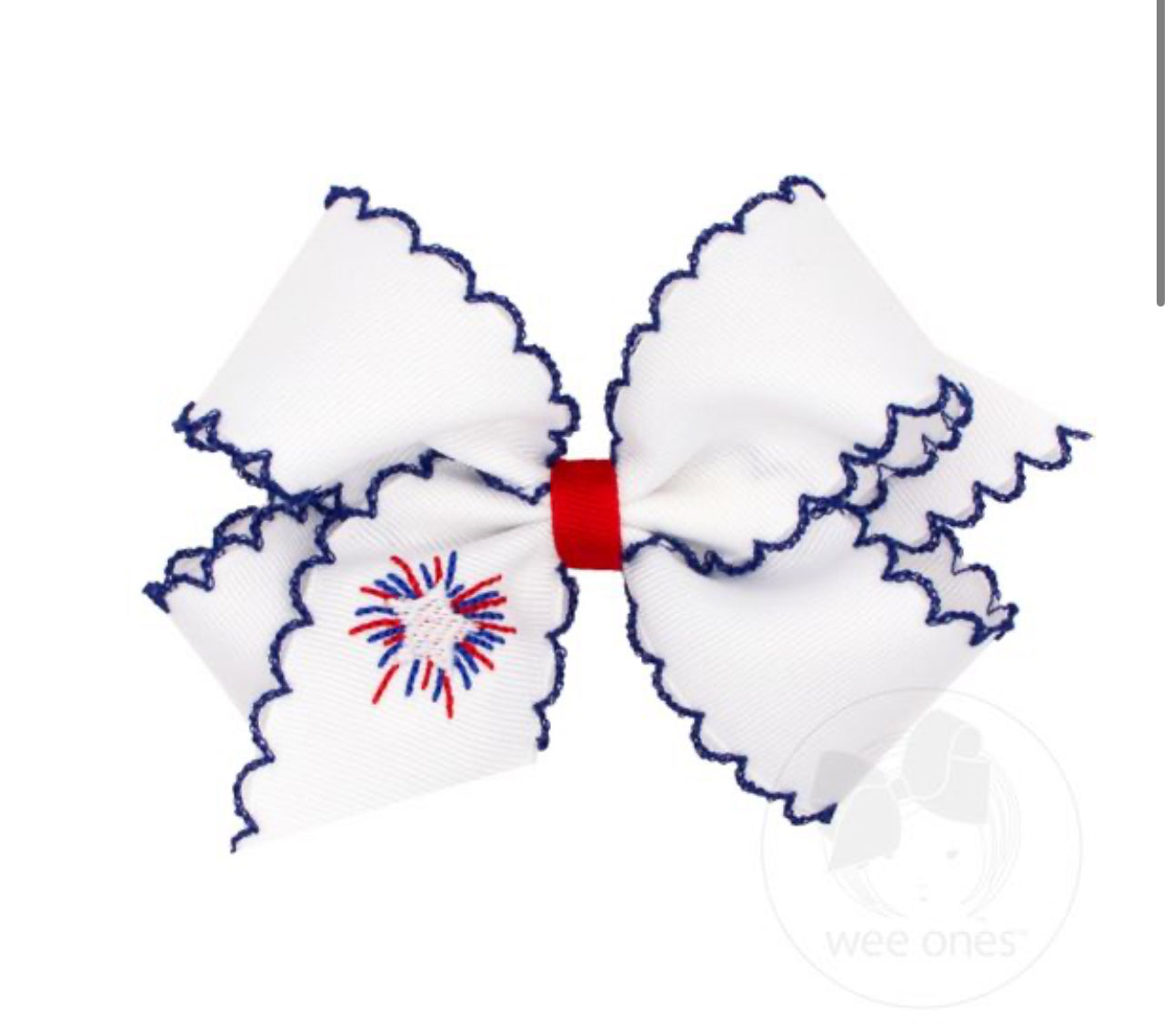 Medium White Grosgrain Bow with Royal Moonstitch Edge and Embroidery on the Tail