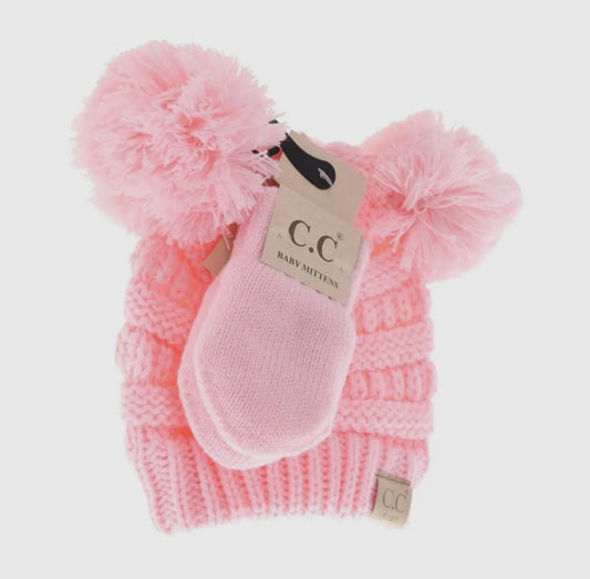 Baby Solid Knit Double Pom with Mitten Set- Pink