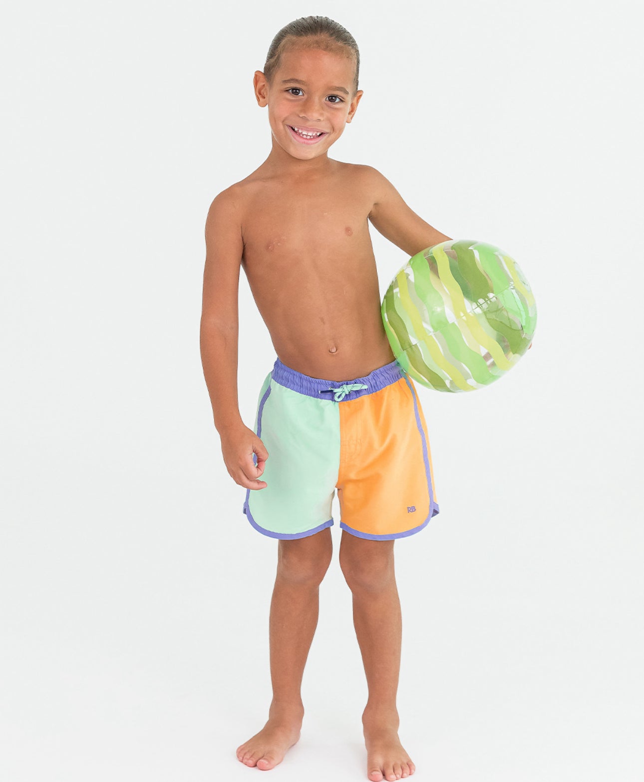 Dolphin Hem Swim Trunks-Periwinkle, Frost Green, and Ginger Color Block