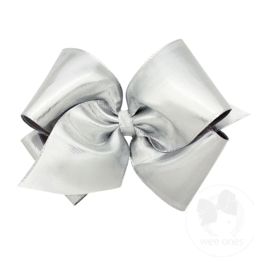 Medium Silver Metallic Overlay Girls Hair Bow, 5” x 3”