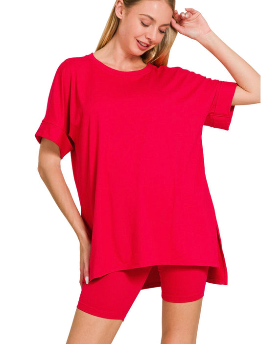 Ruby- BRUSHED DTY MICROFIBER R-NECK TOP & BIKER SHORTS