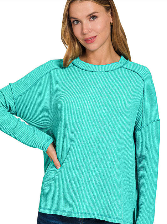 Raised Rib Raw Edge Boat
Neck Long Sleeve Top- Turquoise