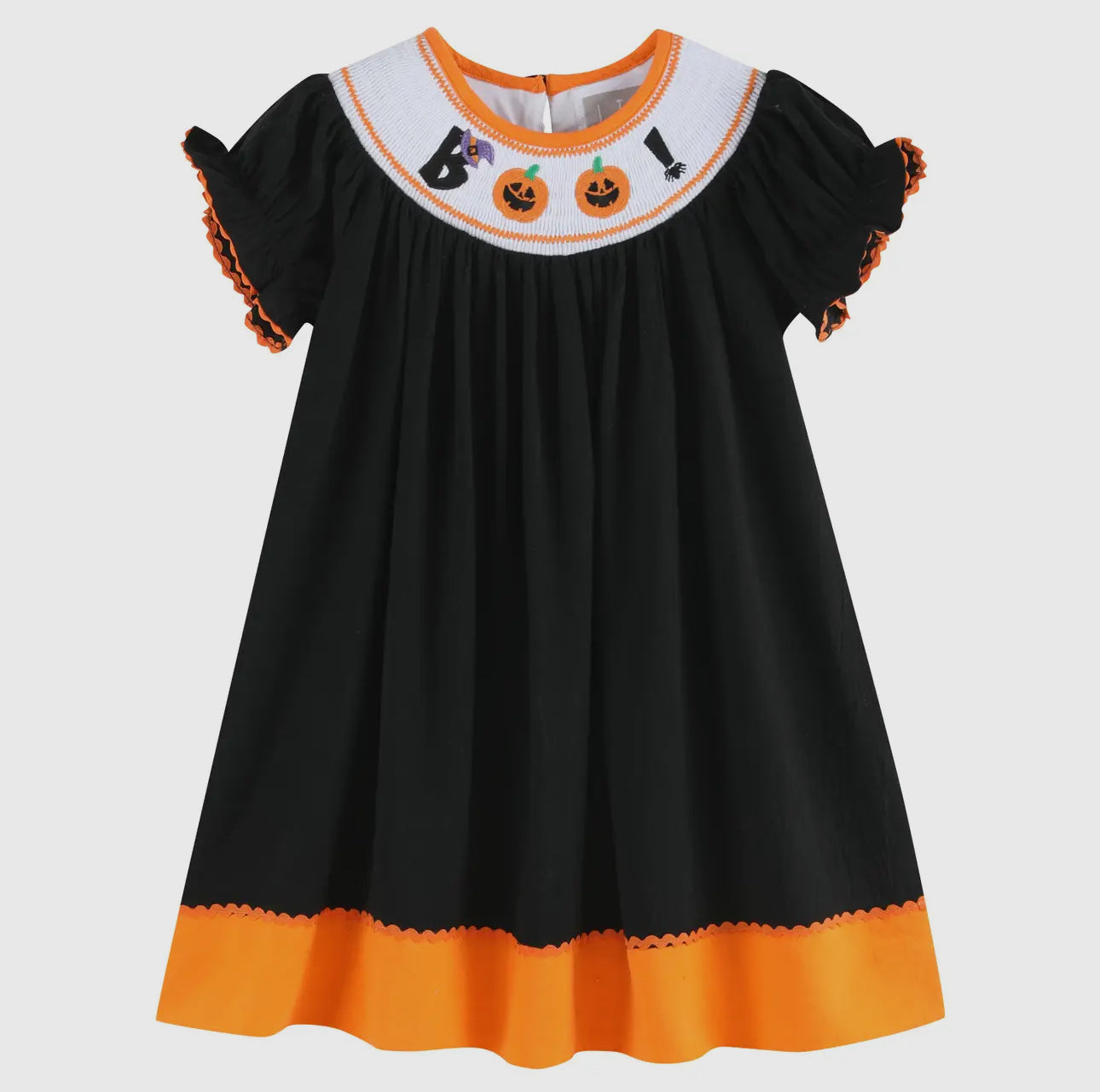 Black and Orange BOO Halloween Smocked Bishop Dress