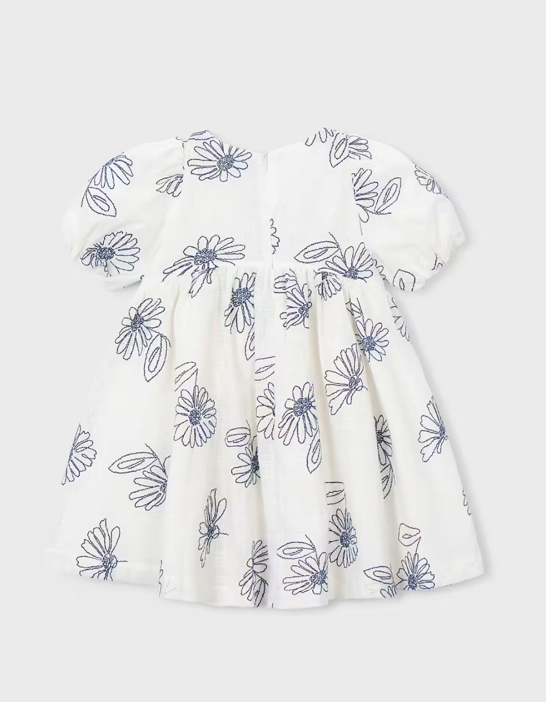 Girl Puff Sleeve Dress-Navy Embroidered Flowers