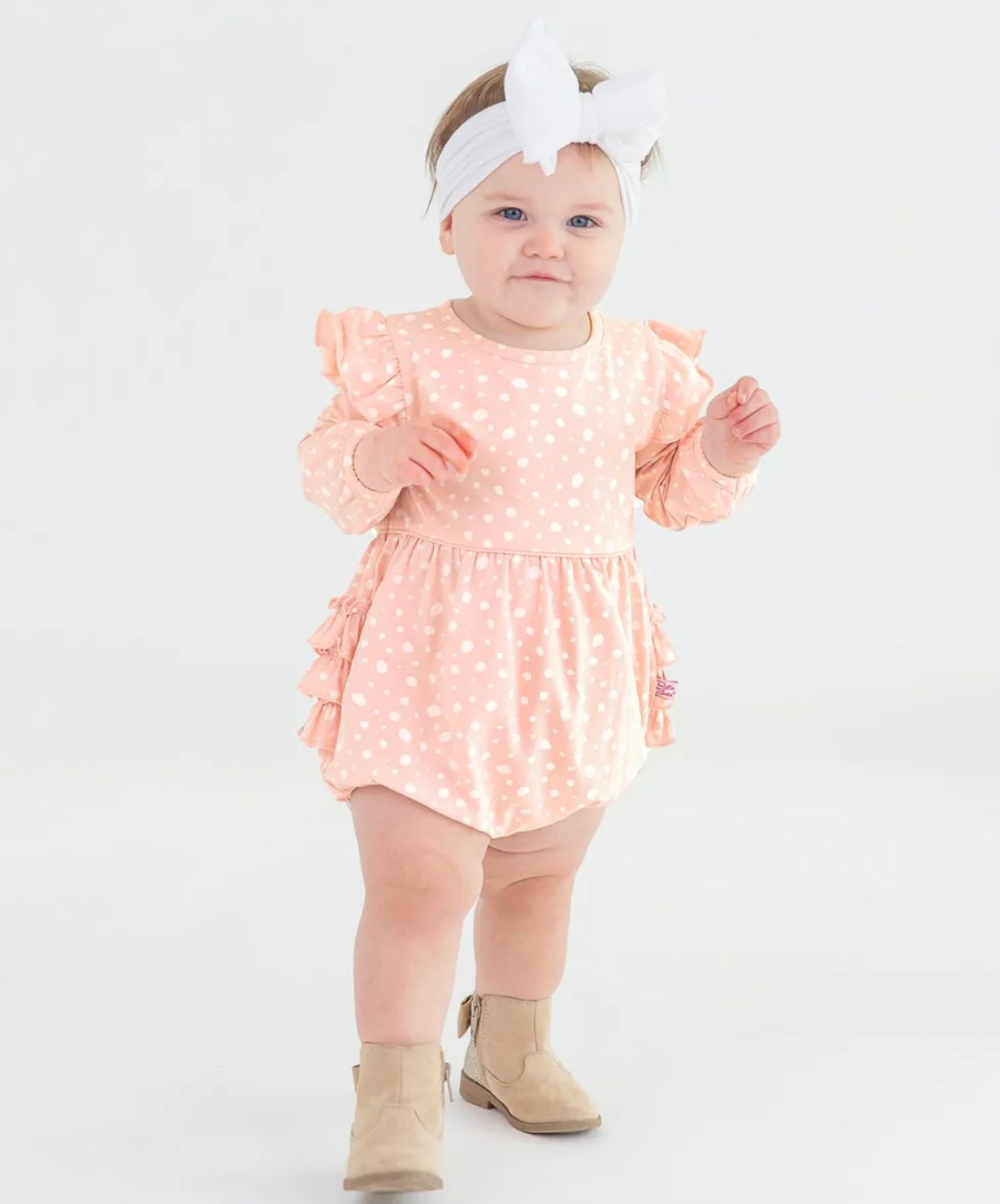 Pink Fawn Dot Knit Long Sleeve Flutter Bubble Romper