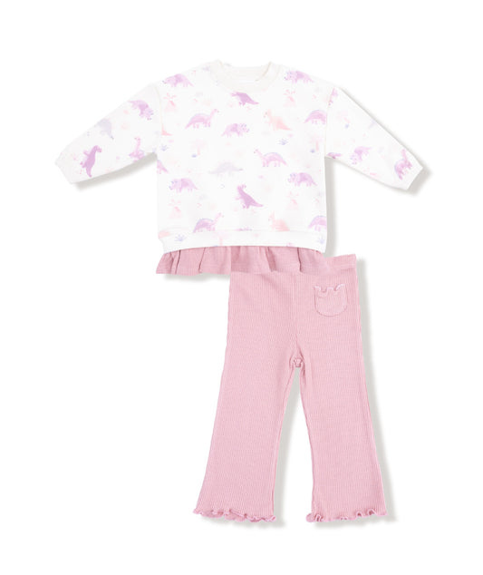 Soft Dinos-French Terry-Purple Pullover Sweatshirt w/Ruffle and Waffle Flare Pants