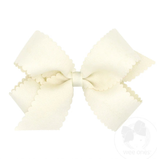 Antique White-Medium Grosgrain Hair Bow with Scalloped Edge