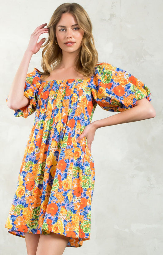 Rose Print Puff Sleeve Dress