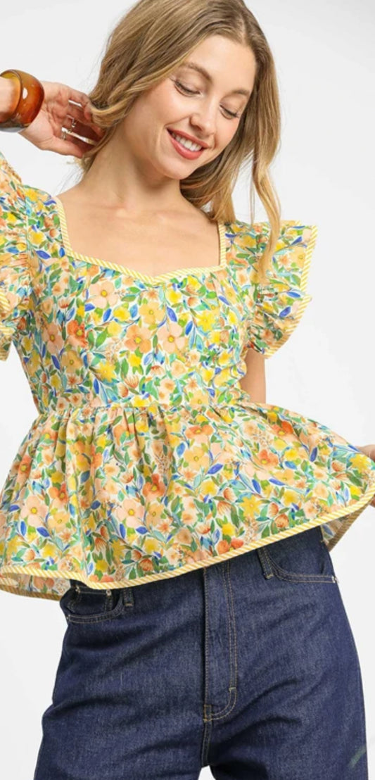 Yellow-Ruffle Sleeve Floral Peplum Top