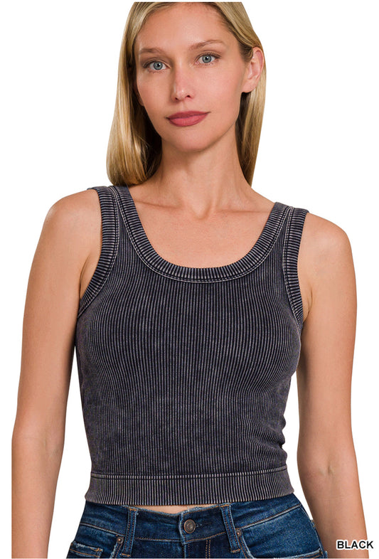 Black Stone Washed Ribbed Seamless Top w/pads