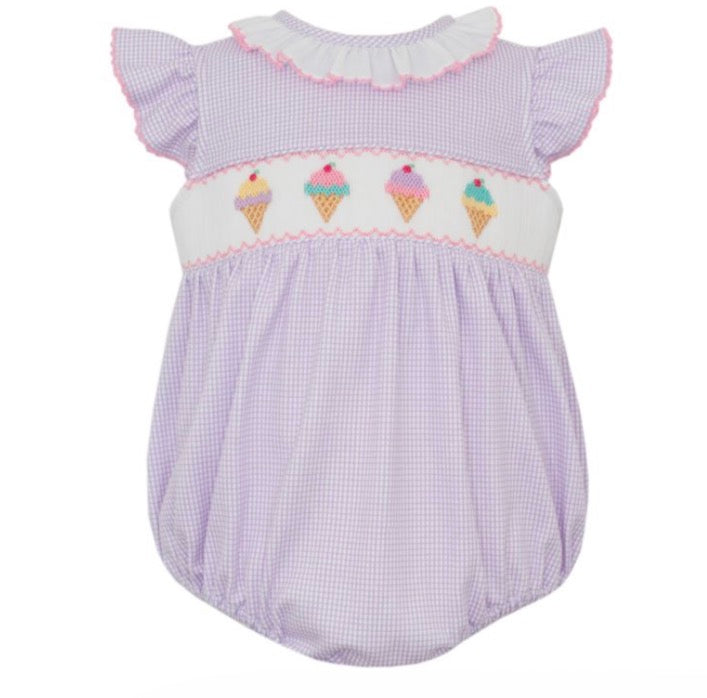 ICE CREAM - Lilac Knit Gingham Sleeveless Girl's Sunbubble w/ White Ruffle Collar