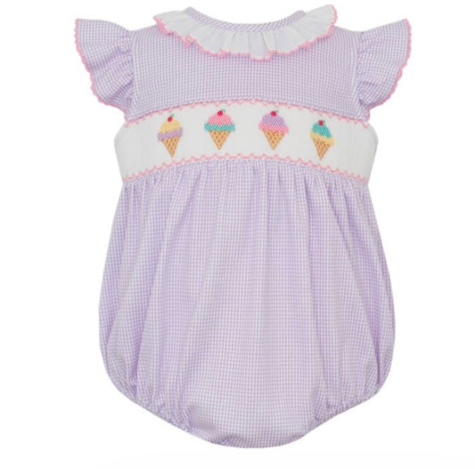 ICE CREAM - Lilac Knit Gingham Sleeveless Girl's Sunbubble w/ White Ruffle Collar