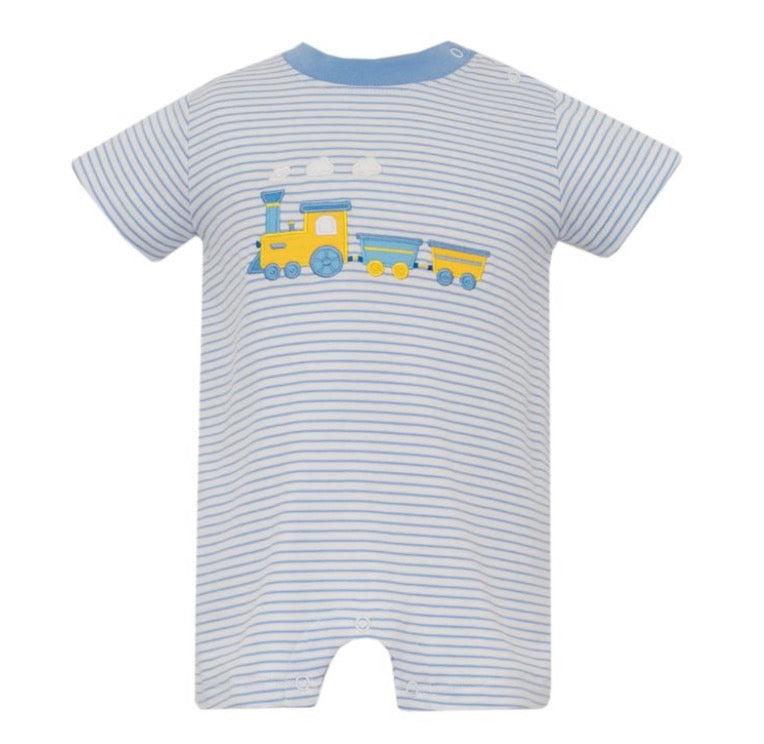 TRAIN- Small Blue and White Knit Stripe Boy's Short Romper
