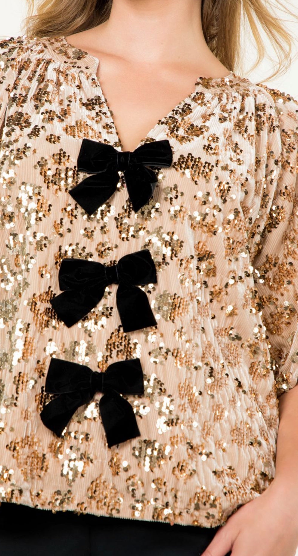 Beige Velvet Sequin Bow Detail Top