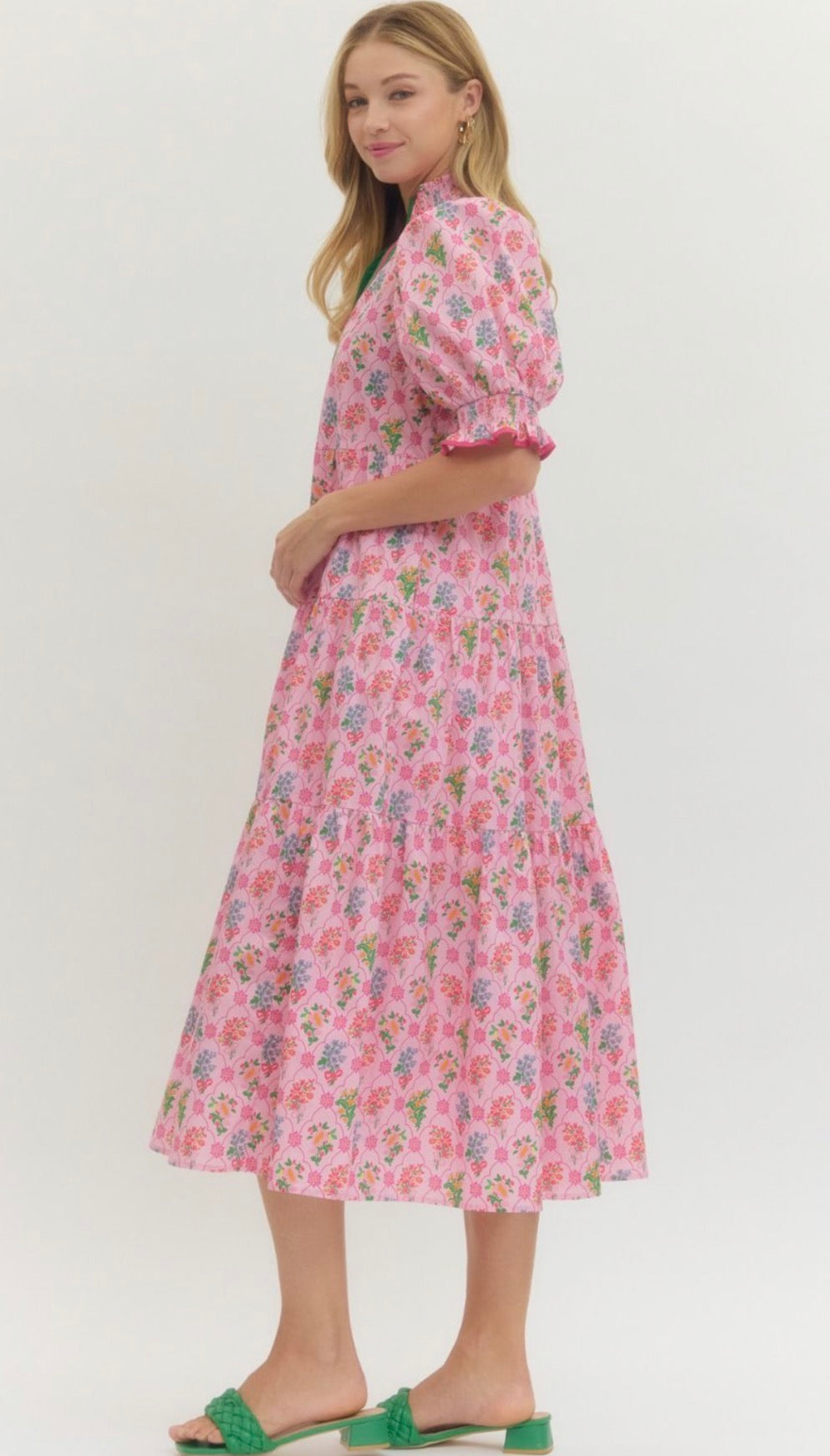 Pink Floral print puff sleeve midi dress