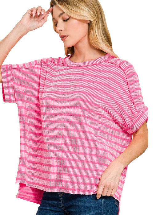 Hot Pink- RAISED RIB STRIPED EXPOSED SEAM TOP