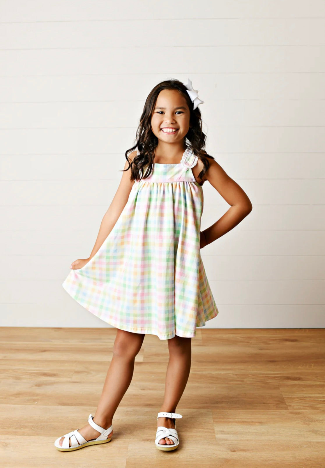 Pastel Gingham Eyelet Trim Dress