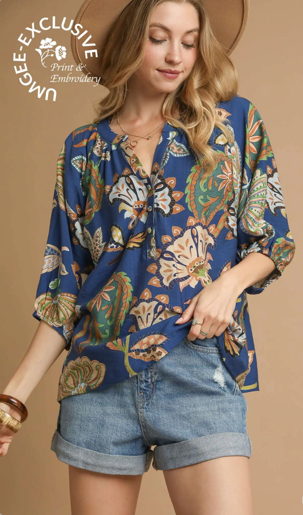 Navy- Boho Paisley Puff Sleeve Blouse