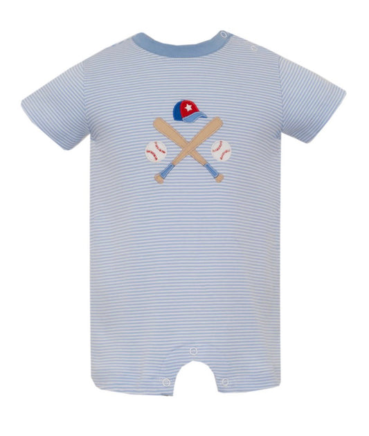 BASEBALL- Lt.blue knit stripe boy's short romper