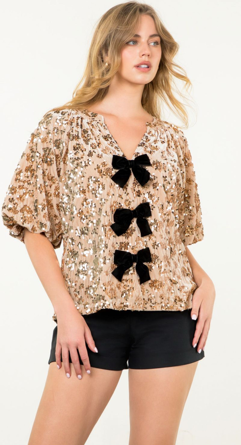 Beige Velvet Sequin Bow Detail Top