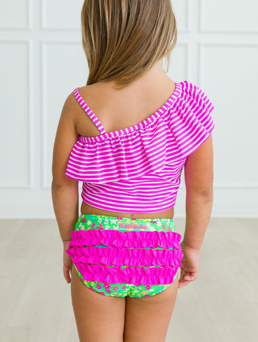 One Shoulder Ruffle Tankini- Neon Floral